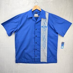 David Carey‎ Ford Mechanic Button Up Shirt Mens XL Blue Garage Pinstripe Flame